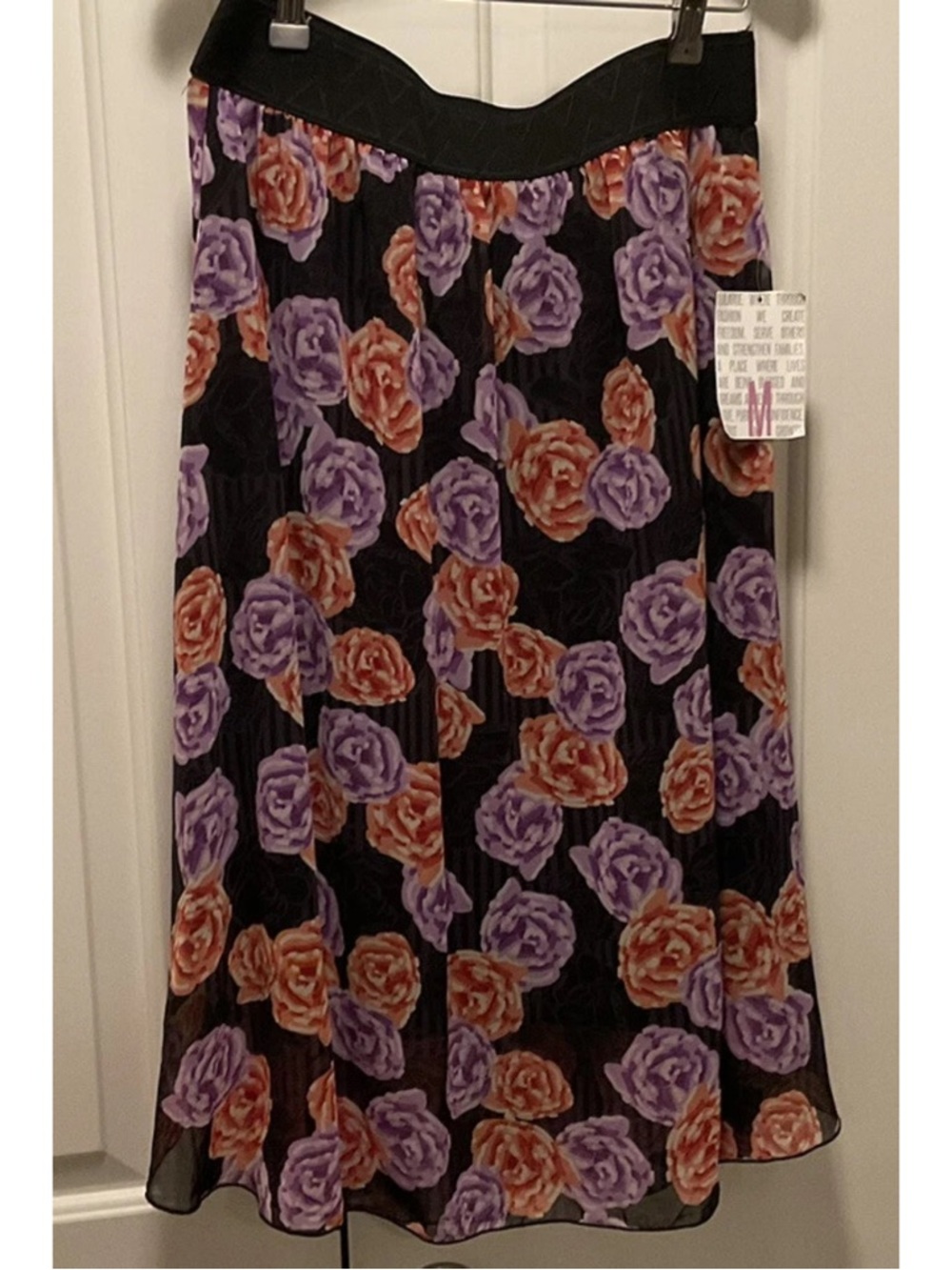 LuLaRoe LOLA Floral Midi Skirt in Black w/Purple & Coral Roses M NWTs